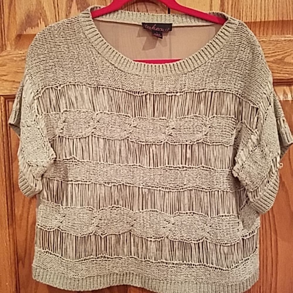 Takeout Open-Weave Fringe Knit Short Sleeve Top - Tan